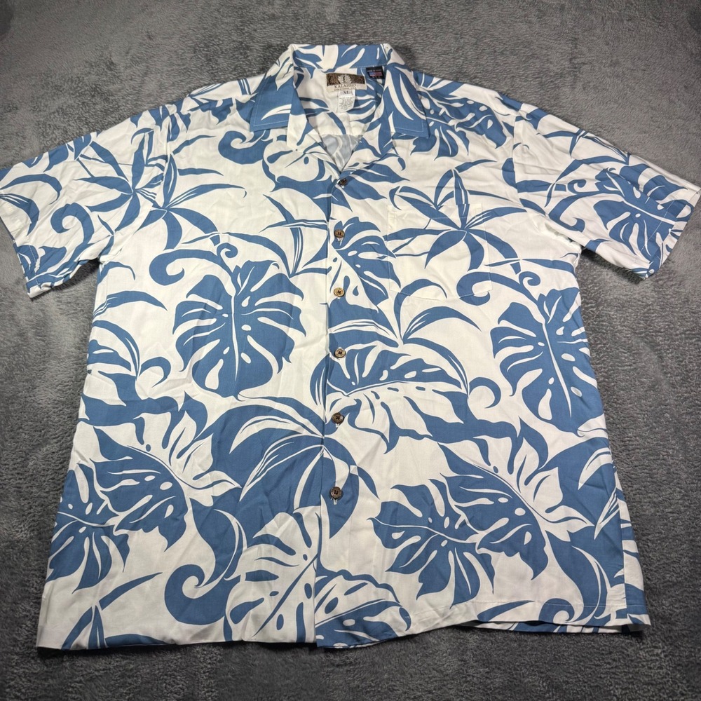 Kalaheo Mens XL Hawaiian Shirt Blue White Monstera Leaf Rayon Made in Hawaii 258